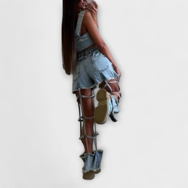 Gaia - Stylish light blue denim crop top with strap details and ripped shorts set