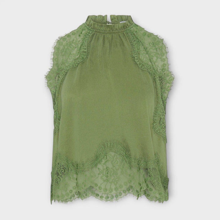 Kaia - Satin Blouse with Lace Trim and Pleated Neckline Set