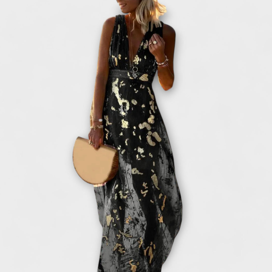 Flowy Dress with V-Neck and Sequin Details