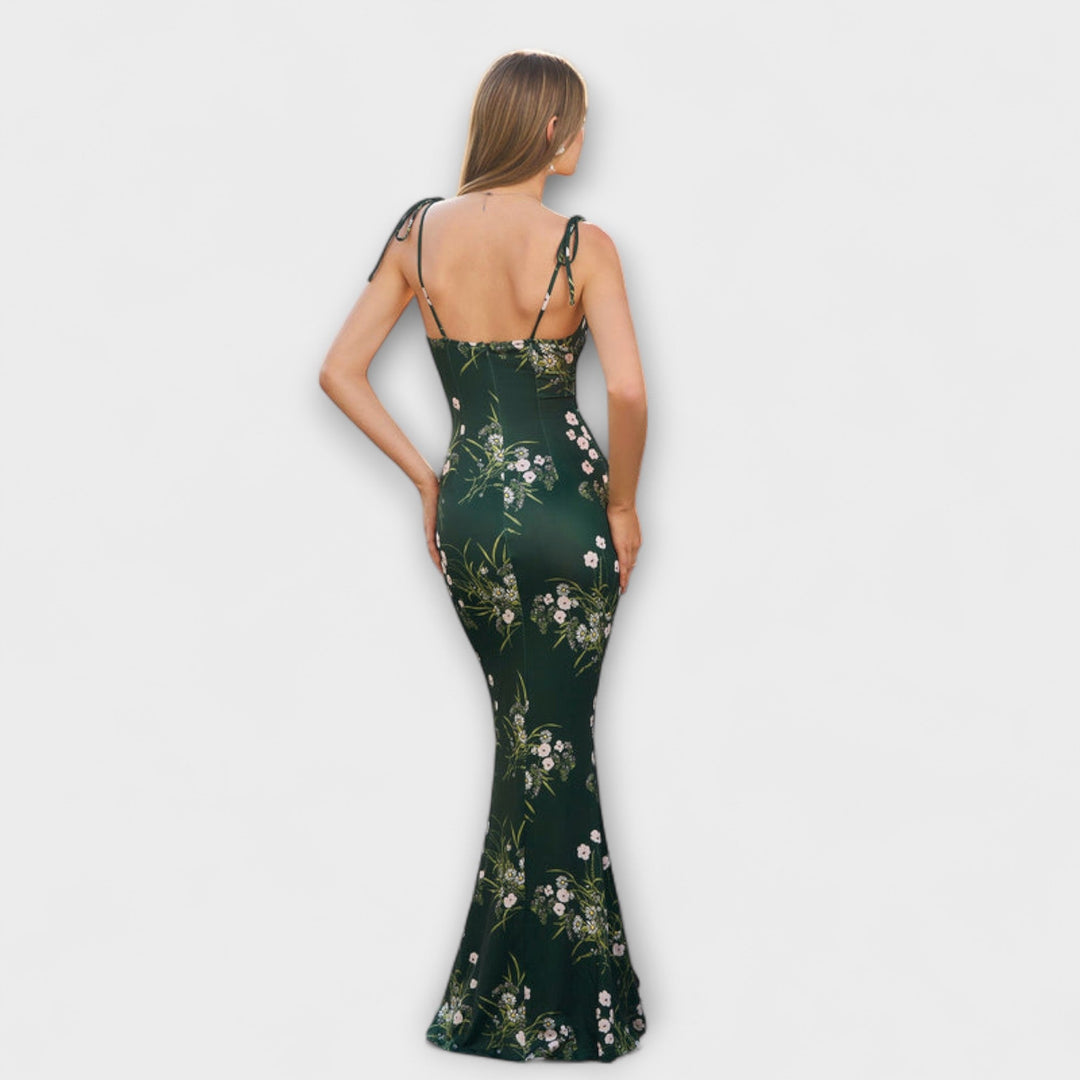 Thalia - Floral Print Prom Dress with Tied Shoulder Straps