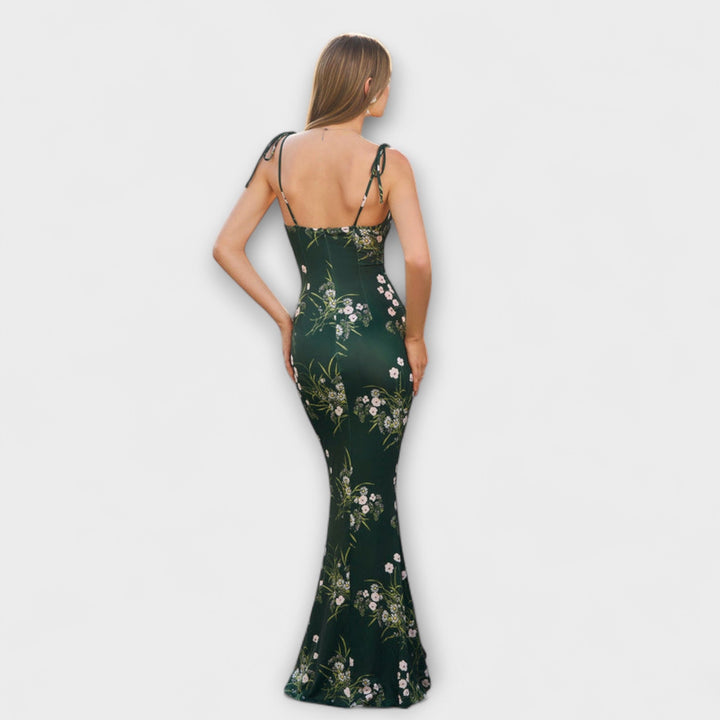 Thalia - Floral Print Prom Dress with Tied Shoulder Straps