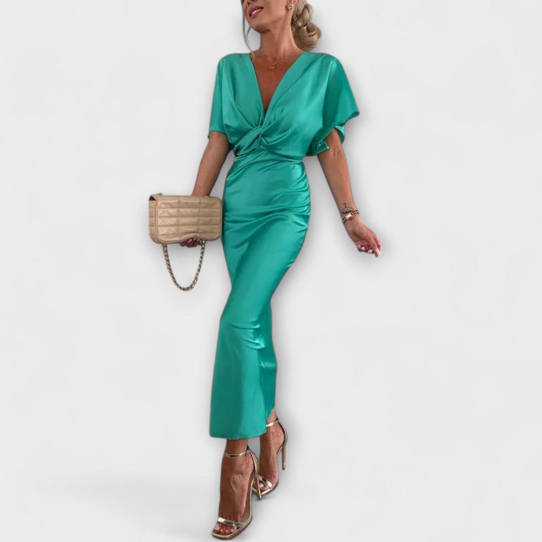Sable - Solid Satin V-Neck Cross Knot Slim Fit Maxi Dress